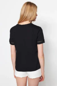 TRENDYOLMİLLA Black 100% Cotton Embroidered Detailed Basic Crew Neck Knitting T-Shirt - Image 5