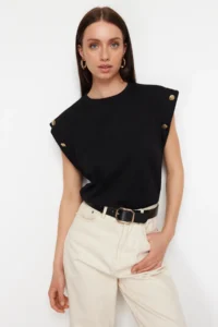 TRENDYOLMİLLA Black 100% Cotton Button Detailed Wadding Look Basic Crew Neck Knitting T-Shirt