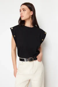 TRENDYOLMİLLA Black 100% Cotton Button Detailed Wadding Look Basic Crew Neck Knitting T-Shirt - Image 3