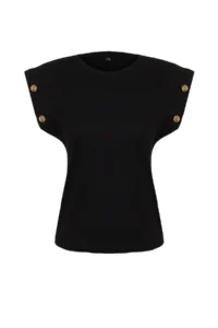 TRENDYOLMİLLA Black 100% Cotton Button Detailed Wadding Look Basic Crew Neck Knitting T-Shirt - Image 7