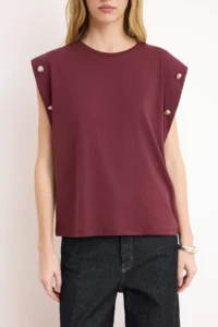 TRENDYOLMİLLA Burgundy 100% Cotton Button Detailed Wadding Look Basic Crew Neck Knitting T-Shirt - Image 3