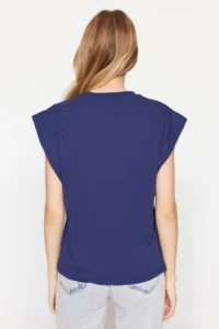 TRENDYOLMİLLA Navy Blue 100% Cotton Button Detailed Wadding Appearance Basic Crew Neck Knitting T-Shirt - Image 5