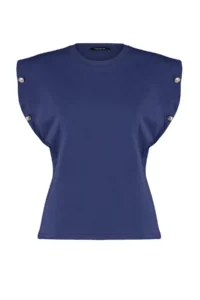 TRENDYOLMİLLA Navy Blue 100% Cotton Button Detailed Wadding Appearance Basic Crew Neck Knitting T-Shirt - Image 6