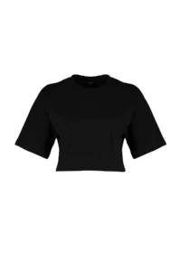 TRENDYOLMİLLA Black relaxed/Rahat Pattern 100% Thick Cotton Crop Knitting T-Shirt - Image 6
