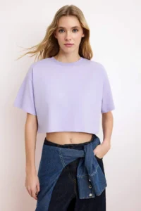 TRENDYOLMİLLA Lilac relaxed/Rahat Pattern 100% Thick Cotton Crop Knitting T-Shirt