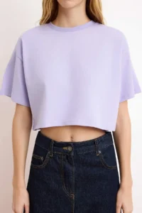 TRENDYOLMİLLA Lilac relaxed/Rahat Pattern 100% Thick Cotton Crop Knitting T-Shirt - Image 3