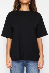 TRENDYOLMİLLA Black 100% Thick Cotton Oversized/Wide Pattern Crew Neck Knitting T-Shirt - Image 10