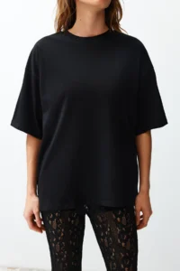 TRENDYOLMİLLA Black 100% Thick Cotton Oversized/Wide Pattern Crew Neck Knitting T-Shirt - Image 5