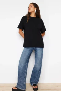 TRENDYOLMİLLA Black 100% Thick Cotton Oversized/Wide Pattern Crew Neck Knitting T-Shirt - Image 8