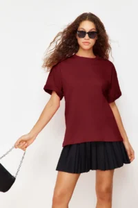 TRENDYOLMİLLA Burgundy 100% Thick Cotton Oversized/Wide Pattern Crew Neck Knitting T-Shirt - Image 2