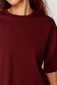 TRENDYOLMİLLA Burgundy 100% Thick Cotton Oversized/Wide Pattern Crew Neck Knitting T-Shirt - Image 3