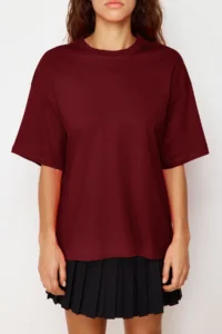 TRENDYOLMİLLA Burgundy 100% Thick Cotton Oversized/Wide Pattern Crew Neck Knitting T-Shirt - Image 4
