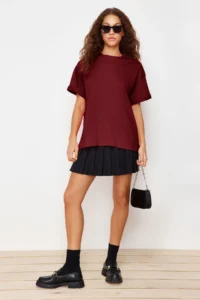 TRENDYOLMİLLA Burgundy 100% Thick Cotton Oversized/Wide Pattern Crew Neck Knitting T-Shirt - Image 5