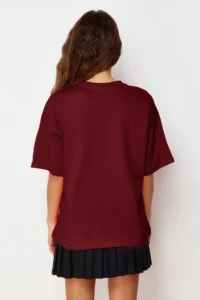 TRENDYOLMİLLA Burgundy 100% Thick Cotton Oversized/Wide Pattern Crew Neck Knitting T-Shirt - Image 6