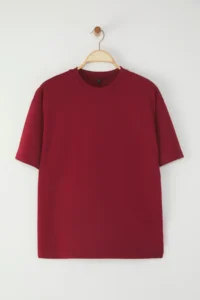 TRENDYOLMİLLA Burgundy 100% Thick Cotton Oversized/Wide Pattern Crew Neck Knitting T-Shirt - Image 8