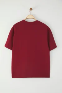 TRENDYOLMİLLA Burgundy 100% Thick Cotton Oversized/Wide Pattern Crew Neck Knitting T-Shirt - Image 9