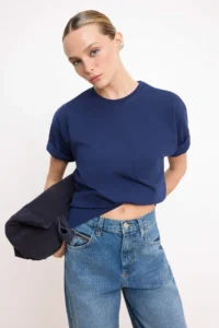 TRENDYOLMİLLA Navy Blue 100% Thick Cotton Oversized/Wide Pattern Crew Neck Knitting T-Shirt