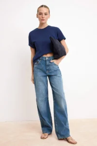 TRENDYOLMİLLA Navy Blue 100% Thick Cotton Oversized/Wide Pattern Crew Neck Knitting T-Shirt - Image 2