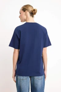 TRENDYOLMİLLA Navy Blue 100% Thick Cotton Oversized/Wide Pattern Crew Neck Knitting T-Shirt - Image 4