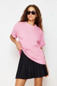 TRENDYOLMİLLA Light Pink 100% Thick Cotton Oversized/Wide Pattern Knitting T-Shirt - Image 2