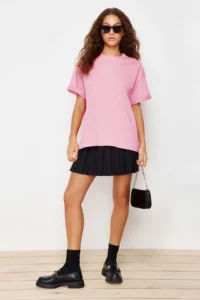 TRENDYOLMİLLA Light Pink 100% Thick Cotton Oversized/Wide Pattern Knitting T-Shirt - Image 3