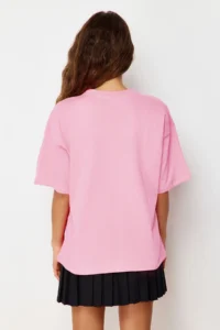 TRENDYOLMİLLA Light Pink 100% Thick Cotton Oversized/Wide Pattern Knitting T-Shirt - Image 5