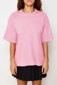 TRENDYOLMİLLA Light Pink 100% Thick Cotton Oversized/Wide Pattern Knitting T-Shirt - Image 6