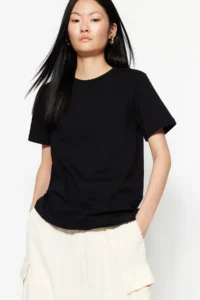 TRENDYOLMİLLA Black 100% Thick Cotton Basic Crew Neck Knitting T-Shirt