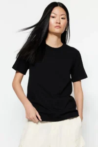 TRENDYOLMİLLA Black 100% Thick Cotton Basic Crew Neck Knitting T-Shirt - Image 2