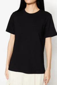 TRENDYOLMİLLA Black 100% Thick Cotton Basic Crew Neck Knitting T-Shirt - Image 4