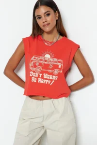 TRENDYOLMİLLA Rejection 100% Cotton Printed Sleeveless relaxed/Rahat Pattern Crop Crew Neck Knitting T-Shirt - Image 3