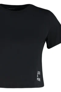 TRENDYOLMİLLA Black 100% Cotton Slogan Printed Crop Crew Neck Knitting T-Shirt - Image 7