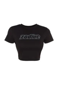 TRENDYOLMİLLA Black Stone Printed Basic Crop Crew Neck Cotton Flexible Knitting T-Shirt - Image 6