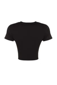TRENDYOLMİLLA Black Stone Printed Basic Crop Crew Neck Cotton Flexible Knitting T-Shirt - Image 8