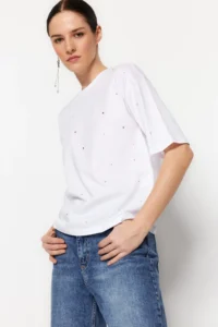 TRENDYOLMİLLA White 100% Cotton Stone Detailed relaxed/Wide Relaxed Cut Crew Neck Knitting T-Shirt - Image 2