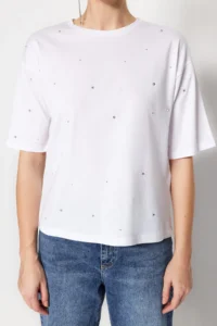 TRENDYOLMİLLA White 100% Cotton Stone Detailed relaxed/Wide Relaxed Cut Crew Neck Knitting T-Shirt - Image 3