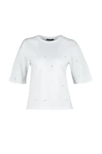 TRENDYOLMİLLA White 100% Cotton Stone Detailed relaxed/Wide Relaxed Cut Crew Neck Knitting T-Shirt - Image 6