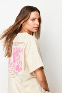 TRENDYOLMİLLA Stone 100% Thick Cotton Front and Back Printed Oversized/Wide Pattern Knitting T-Shirt