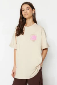 TRENDYOLMİLLA Stone 100% Thick Cotton Front and Back Printed Oversized/Wide Pattern Knitting T-Shirt - Image 10