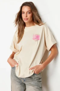 TRENDYOLMİLLA Stone 100% Thick Cotton Front and Back Printed Oversized/Wide Pattern Knitting T-Shirt - Image 2