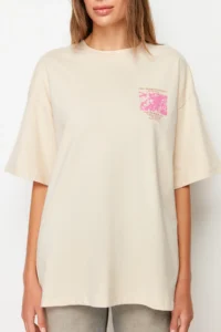 TRENDYOLMİLLA Stone 100% Thick Cotton Front and Back Printed Oversized/Wide Pattern Knitting T-Shirt - Image 5