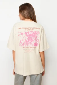 TRENDYOLMİLLA Stone 100% Thick Cotton Front and Back Printed Oversized/Wide Pattern Knitting T-Shirt - Image 6