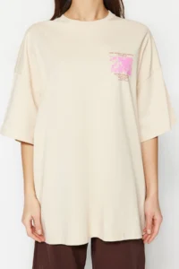 TRENDYOLMİLLA Stone 100% Thick Cotton Front and Back Printed Oversized/Wide Pattern Knitting T-Shirt - Image 8