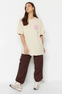 TRENDYOLMİLLA Stone 100% Thick Cotton Front and Back Printed Oversized/Wide Pattern Knitting T-Shirt - Image 9