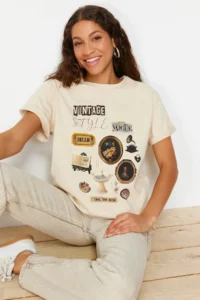 TRENDYOLMİLLA Stone 100% Thick Cotton Printed Oversized Pattern Crew Neck Knitting T-Shirt