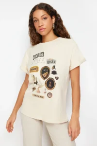 TRENDYOLMİLLA Stone 100% Thick Cotton Printed Oversized Pattern Crew Neck Knitting T-Shirt - Image 3