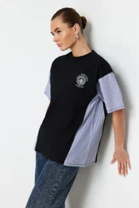 TRENDYOLMİLLA Black Thick Cotton Oversized/Wide Pattern Poplin Detailed Printed Knitting T-Shirt