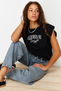 TRENDYOLMİLLA Black 100% Cotton Slogan Printed Regular/Normal Pattern Crew Neck Knitting T-Shirt - Image 2