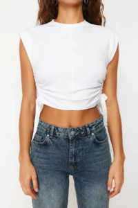 TRENDYOLMİLLA White 100% Thick Cotton Gather Detailed Crop Bat Arm Knitting T-Shirt - Image 4