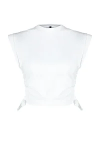 TRENDYOLMİLLA White 100% Thick Cotton Gather Detailed Crop Bat Arm Knitting T-Shirt - Image 7